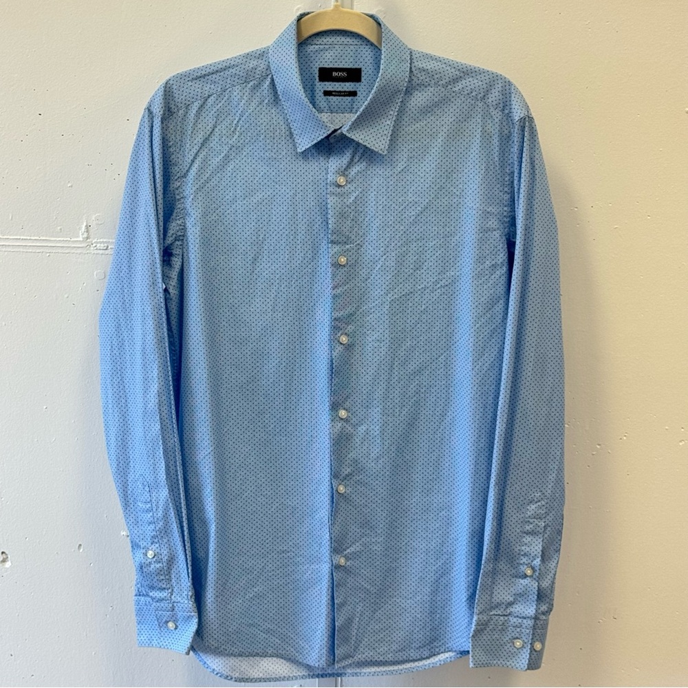 Hugo Boss Men's Regular Fit Light Blue Patterned Dress Button Down Shirt Sz 40